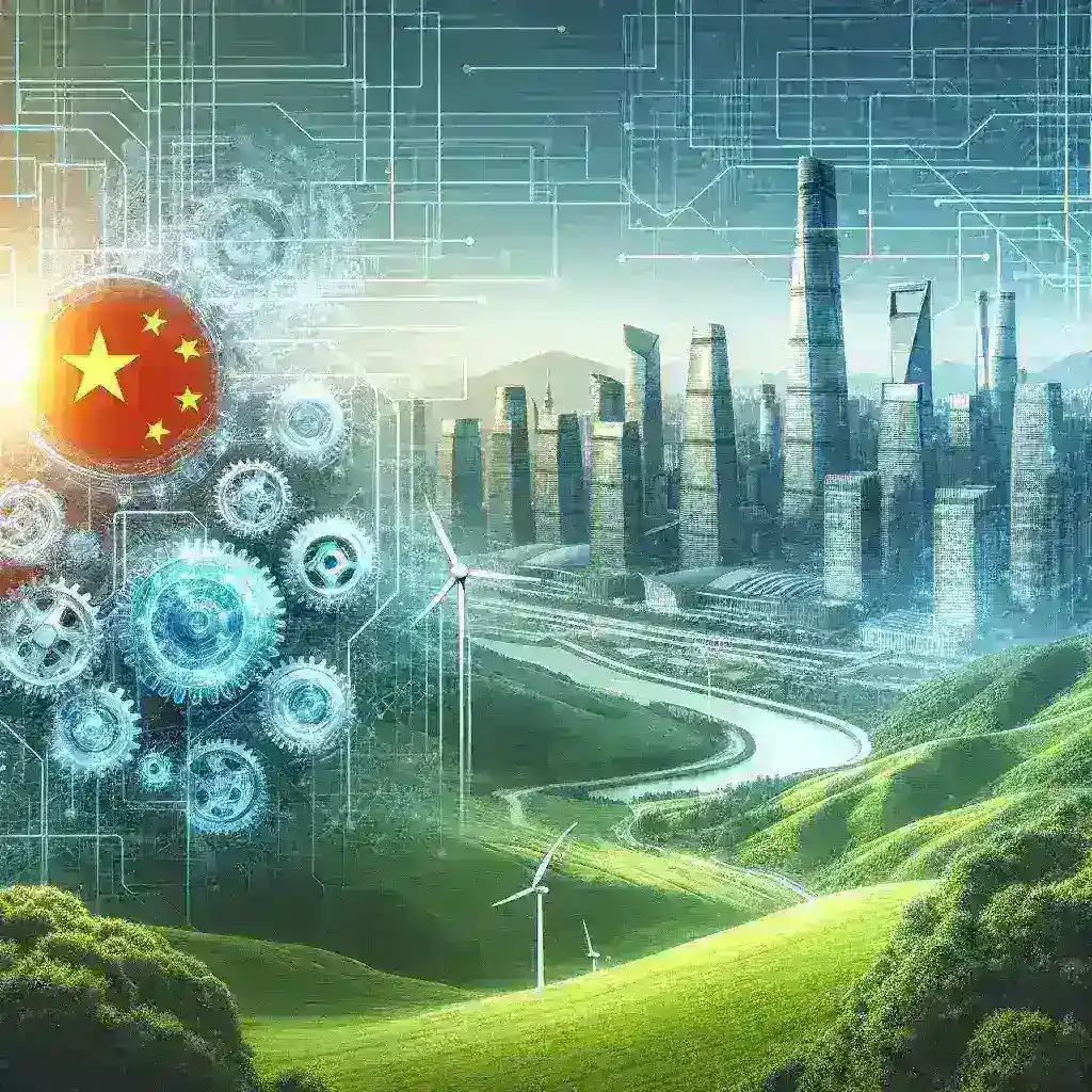 "Imagem representando a inovação tecnológica na China, destacando os esforços do país em direção à autossuficiência tecnológica, com elementos como fábricas modernas, equipamentos de alta tecnologia e investimentos em pesquisa e desenvolvimento."