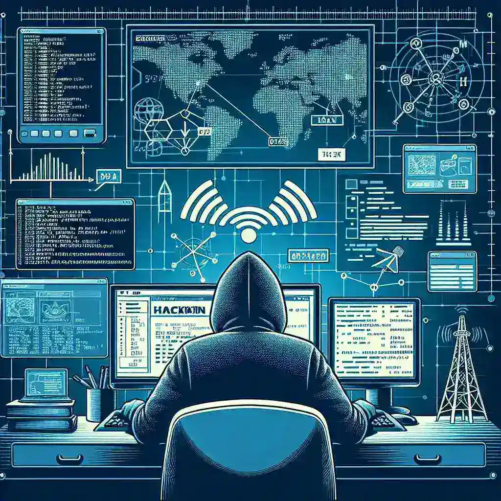 "Ilustração de um hacker em ação, destacando os perigos de invadir uma rede Wi-Fi pública com elementos visuais como laptops, ícones de segurança e redes interligadas."
